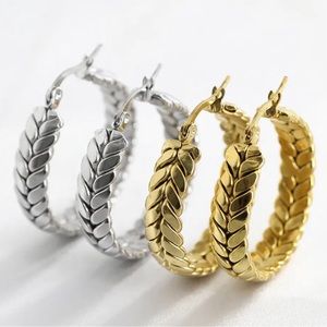 Wheat Ears Hoop Earrings for Women Titanium Steel Vintage Geometric Textured Ear